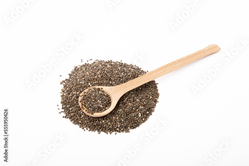 Chia seeds in wooden spoon isolated on white background. super food
