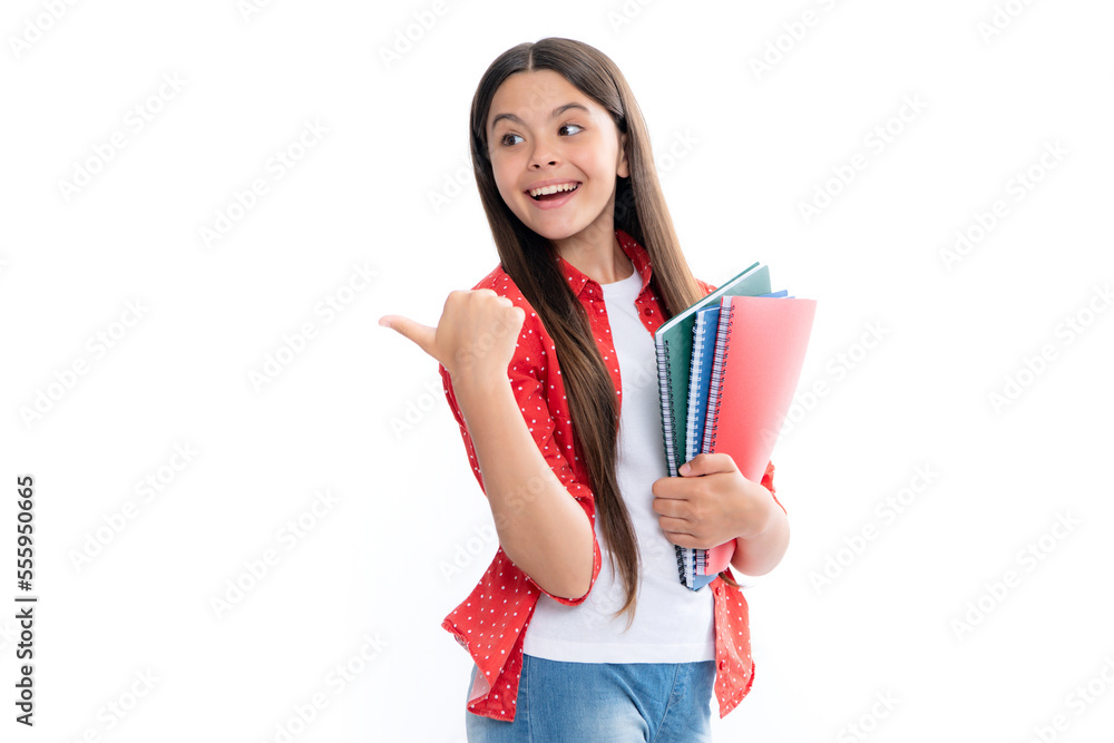 Teen girl pupil hold books, notebooks, isolated on white background, copy space. Back to school, teenage lifestyle, education and knowledge. Portrait of happy smiling teenage child girl. Teen girl pupil hold books, notebooks, isolated on white background, copy space. Back to school, teenage lifestyle, education and knowledge. Portrait of happy smiling teenage child girl.