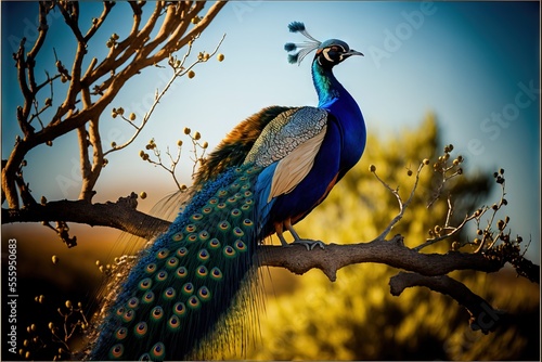  a peacock sitting on a tree branch with its tail spread out and its feathers spread out. Generative AI
