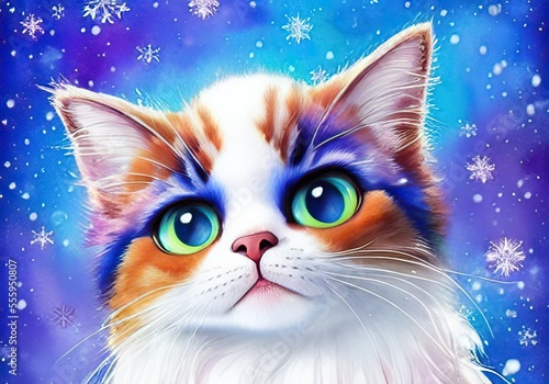 Adorable cartoon kitty, large green eyes, portrait in snow against a light blue background