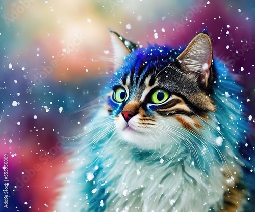 Fluffy, long haired green eyed tabby cat in snow against a multicolor blurred background, copy space
