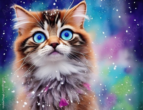 Cute, fluffy blue eyed brown and white kitten in snow against a light multicolor background, copy space © ZemraCreative