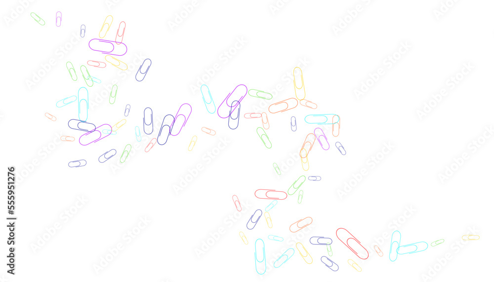 Paper clips are scattered on a white background. Decorative element. Background for design, school and office supplies