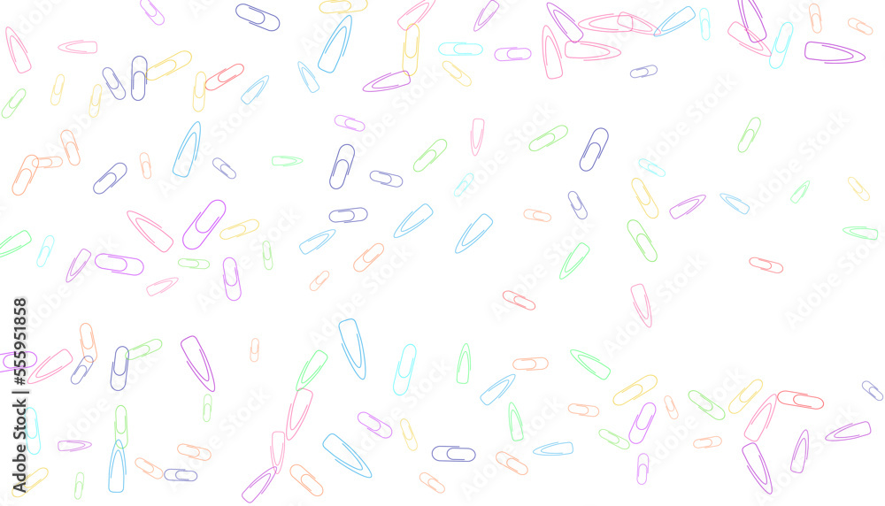 Paper clips are scattered on a white background. Decorative element. Background for design, school and office supplies Paper clips are scattered on a white background. Decorative element. Background for design, school and office supplies