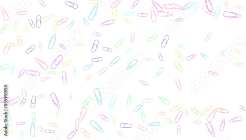 Paper clips are scattered on a white background. Decorative element. Background for design, school and office supplies