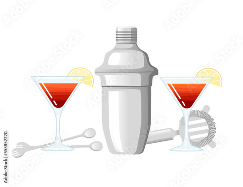 Two cocktails in glass with bar accessory tools steel shaker vector illustration on white background