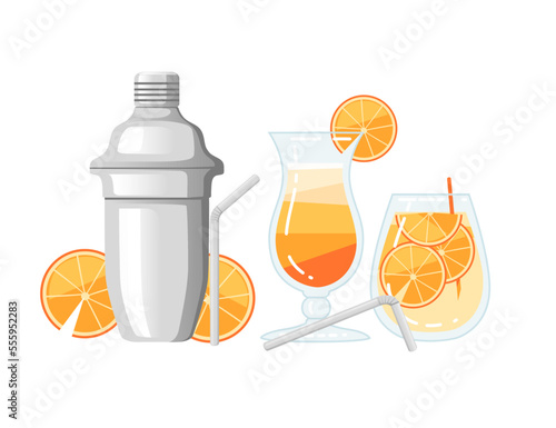 Two cocktails in glass with bar accessory tools steel shaker vector illustration on white background