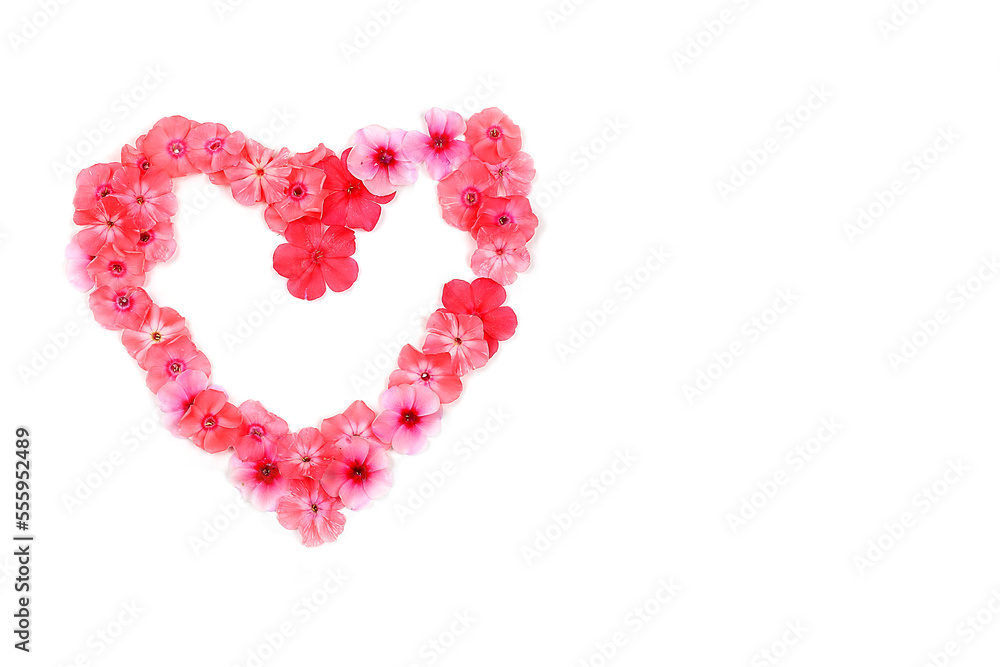 Greeting card with heart shaped petals, background, valentine's day or women's day concept, banner with place for text, happy holidays, elements for use in graphic editor, patern, selective focus