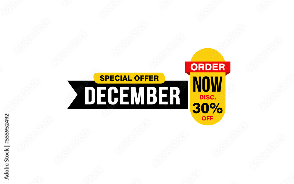 30 Percent december discount offer, clearance, promotion banner layout with sticker style. 30 Percent december discount offer, clearance, promotion banner layout with sticker style.