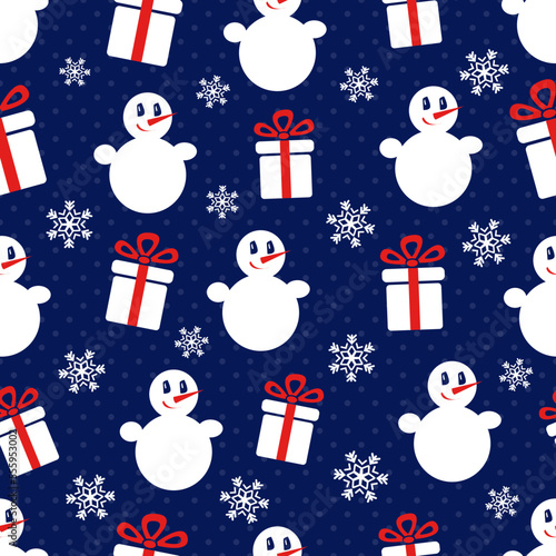 Snowman. Seamless vector pattern with stylized snowmen and gift boxes. Winter pattern