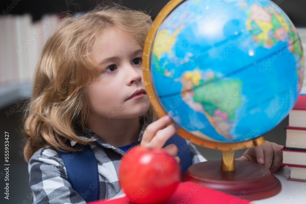 School kid student learning, study language or literature at school. Elementary school child. Portrait of nerd pupil studying. School kid student learning, study language or literature at school. Elementary school child. Portrait of nerd pupil studying.