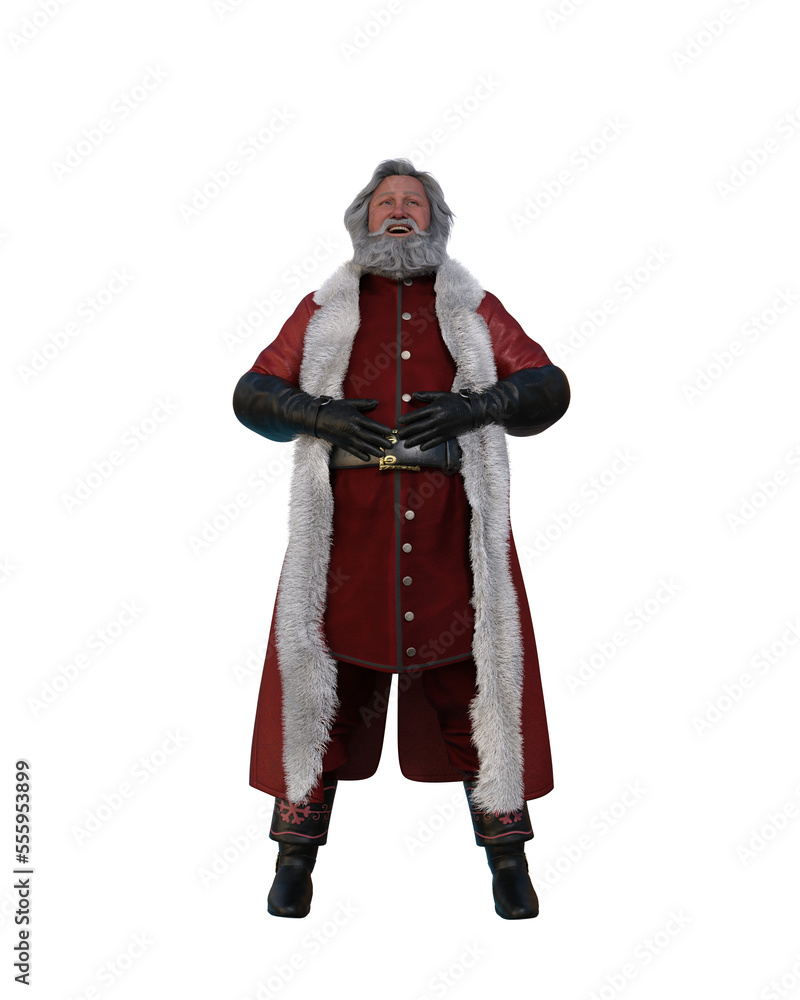 Santa Claus standing and laughing with hands on belly. Isolated 3D rendering.