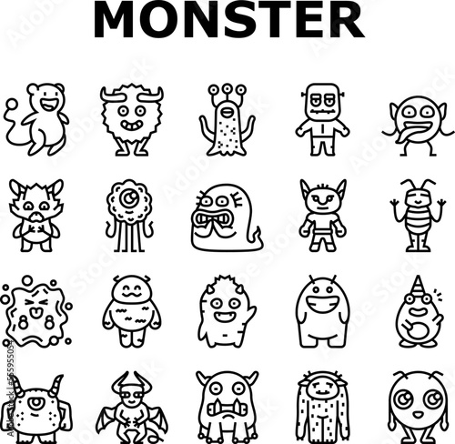 monster funny cute alien icons set vector. animal halloween, happy face, comic creature, devil scary, mouth mascot little teeth monster funny cute alien black contour illustrations