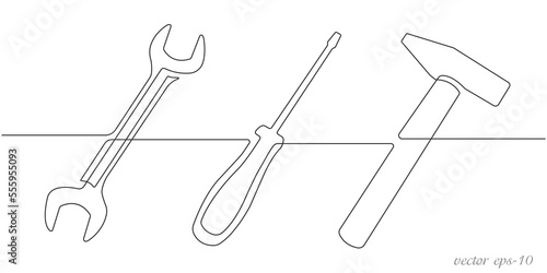 Drawn hammer, screwdriver, wrench.Locksmith tool for work.One line drawing.Vector illustration.