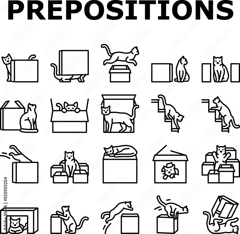 Vetor de preposition english language icons set vector. position