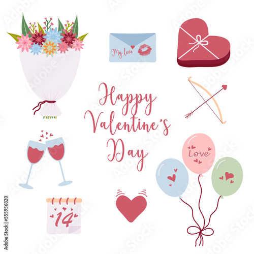 Happy Valentine's Day set with bouquet, balloons, letter, candies, heart and glasses. 