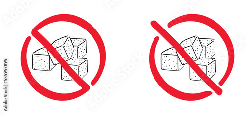 Cartoon, hand draw sugar cubes and slogan sugar free. For World diabetes day. Vector no, sugar cube icon or symbol. Pile of sugar cubes. Pure, white crystal block. Blood sugar scale. Diabetic problem.