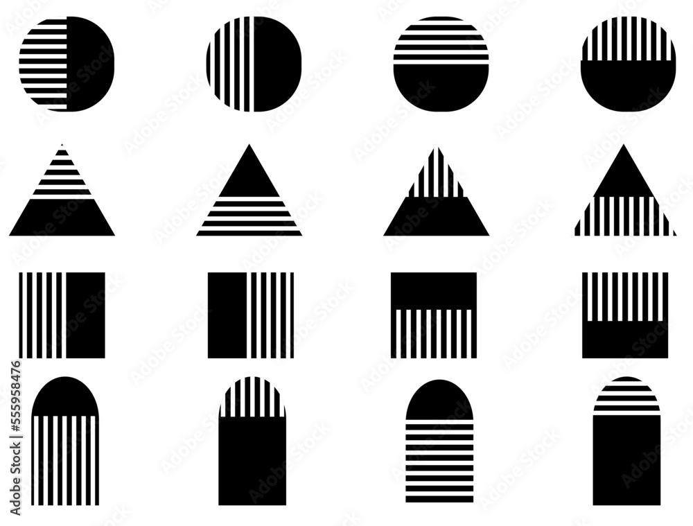 Vector illustration of geometric shapes, half solid, half linear. Vector illustration of geometric shapes, half solid, half linear.
