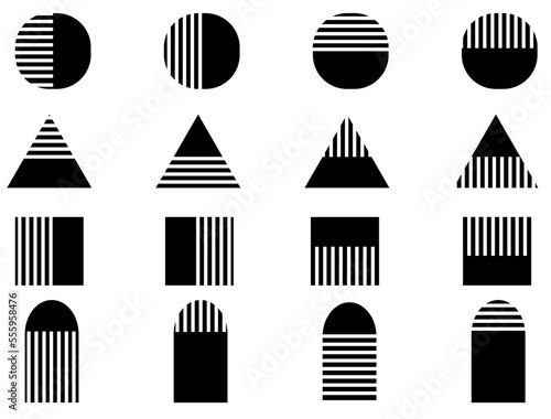 Vector illustration of geometric shapes, half solid, half linear. 