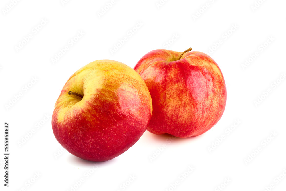 Shiny Red ripe apples, isolated on white background. Fresh raw organic fruits.