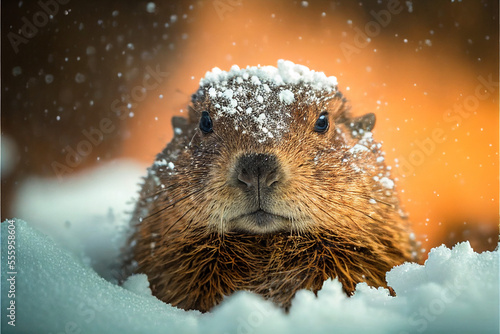 Groundhog covered in snow on Groundhog Day photo