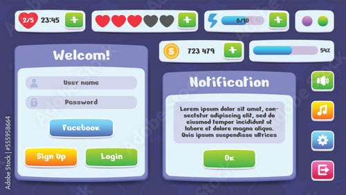 User interface for mobile game, app. UI Kit of icons, progress bars, buttons, pop-ups. Menus, indicators and rewards in a video game. Flat cartoon, casual vector collection