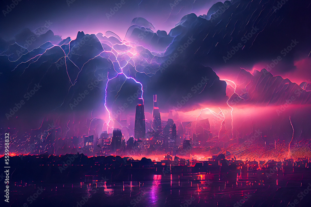 Dark dramatic stormy night sky with lightning bolts over city under rain. AI illustration.