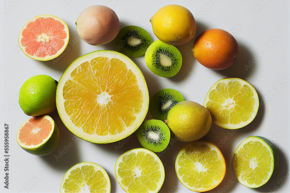 Sliced lemon, lime, grapefruit and kiwi fruit on white background, generative AI Sliced lemon, lime, grapefruit and kiwi fruit on white background, generative AI