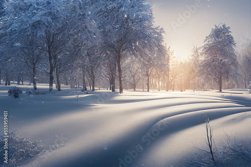 Winter Christmas landscape with snow covered trees and snowdrifts, generative AI © SvetlanaSF