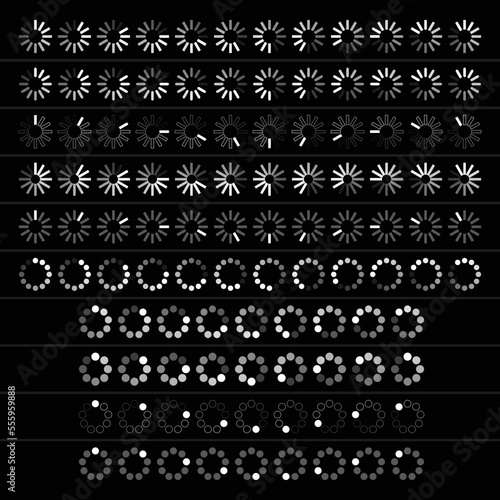 10 white and grey loading icons animation frames on black background