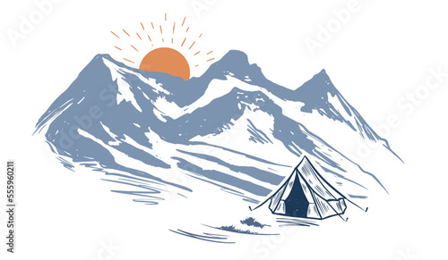 Camping in nature, mountains, hand drawn illustrations	
