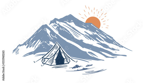 Camping in nature, mountains, hand drawn illustrations	
