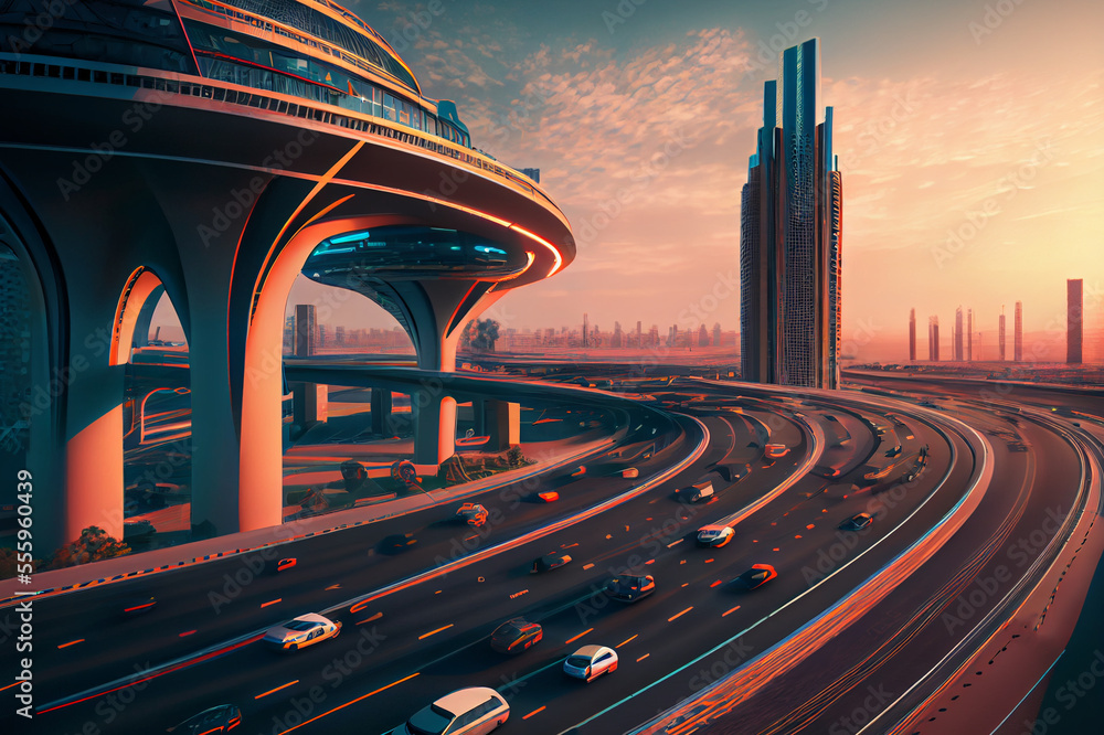Fototapeta premium Futuristic city with ultra speed highways, ai illustration