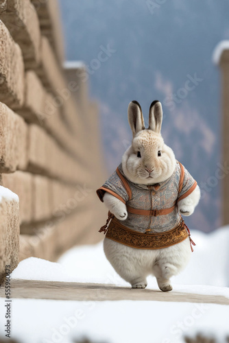 adorable little rabbit in a traditional outfit walking up the great wall of china  chinese new year 2023  year of the rabbit  Generative AI