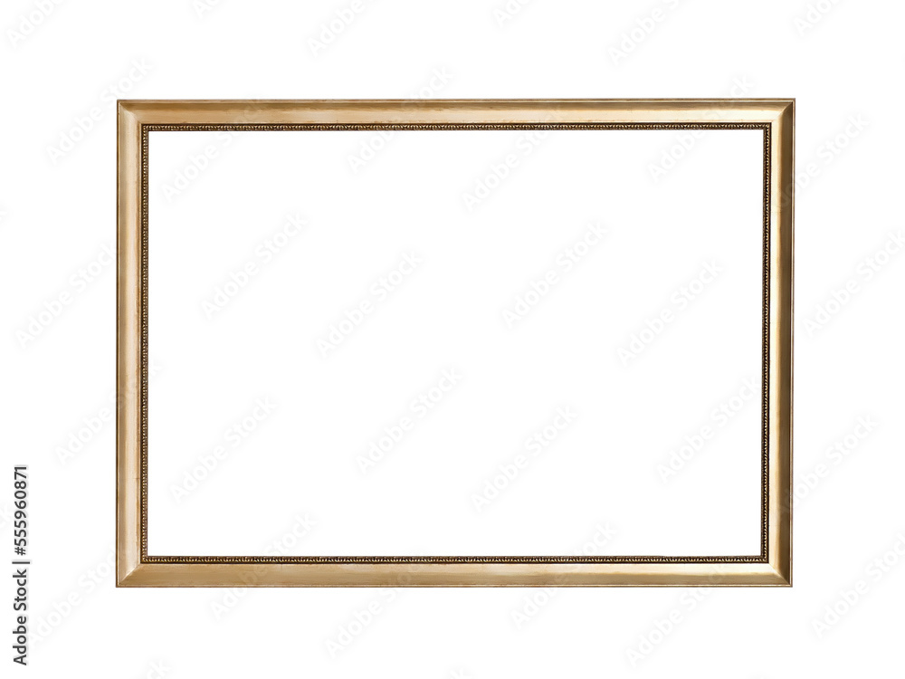 Empty golden picture frame. Isolated png with transparency
