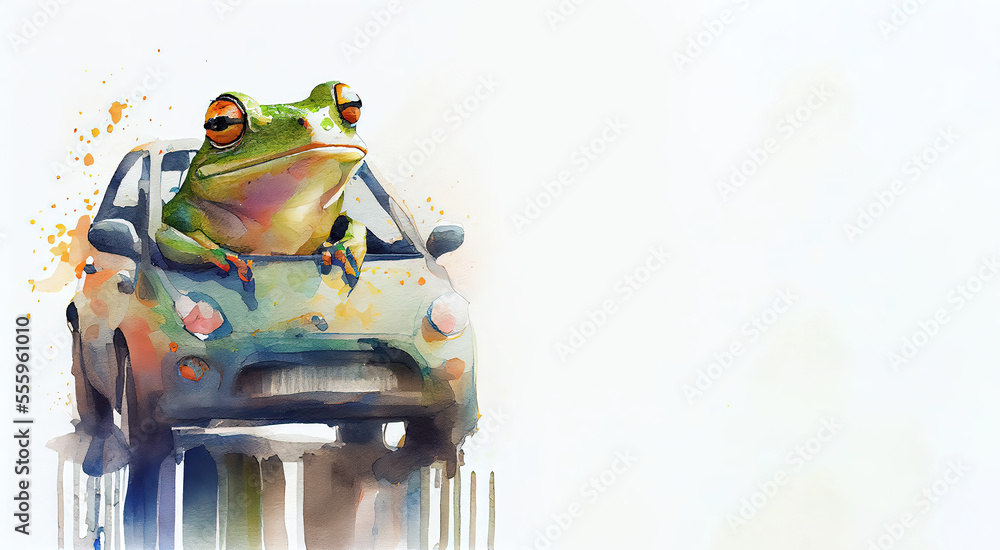 Watercolor frog driving a car. Generative AI