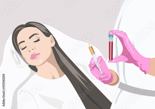 Cosmetologist does prp therapy on the face of a beautiful woman. Cosmetology concept. vector image