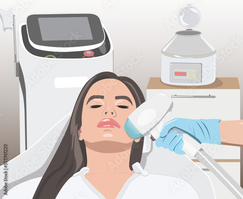 Illustration. Epilation hair removal procedure on a woman’s face. Beautician doing laser rejuvenation in a beauty salon. Removing unwanted body hair. 