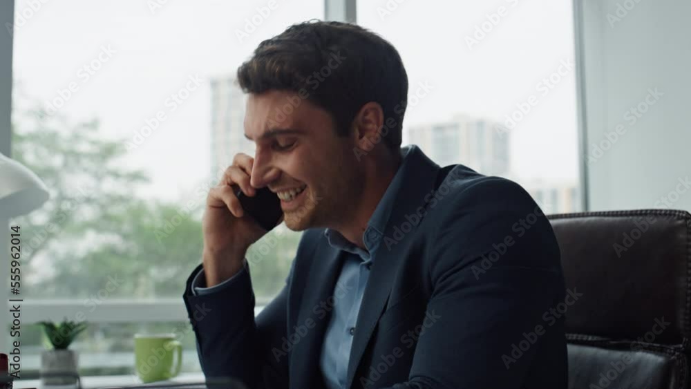 Smiling manager calling partner enjoying conversation closeup. Happy ceo working Smiling manager calling partner enjoying conversation closeup. Happy ceo working