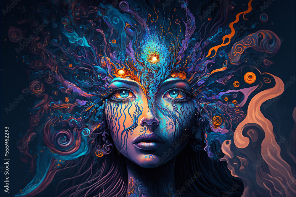 Portrait of psychedelic universe woman, Fictional person, Generative AI