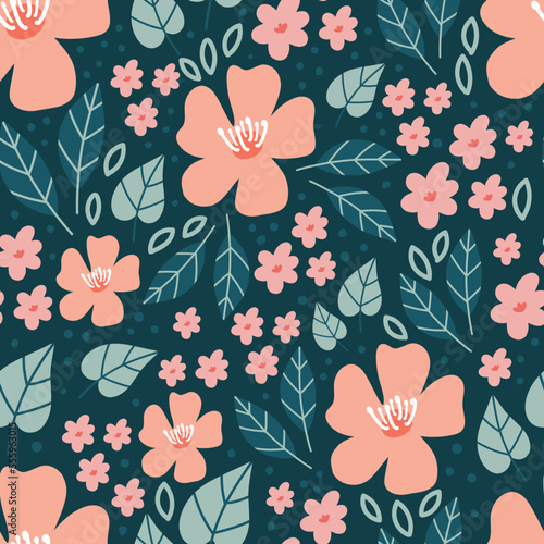 Wallpaper Mural Botanical seamless pattern with green leaves and yellow flowers on pastel pink background. Leaves and flowers wallpapers. Florals background. Torontodigital.ca