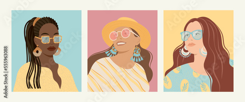 Portraits of beautiful women in trendy sunglasses. Girls of different nationalities in summer clothes. Vector fashion poster, avatar set.