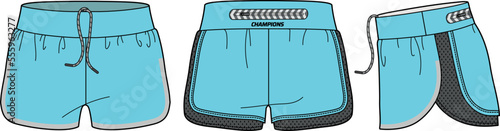 Women athletic Running trail Shorts design flat sketch fashion Illustration for girls and Ladies, Athletic shorts concept with front and back view for tracking active wear.