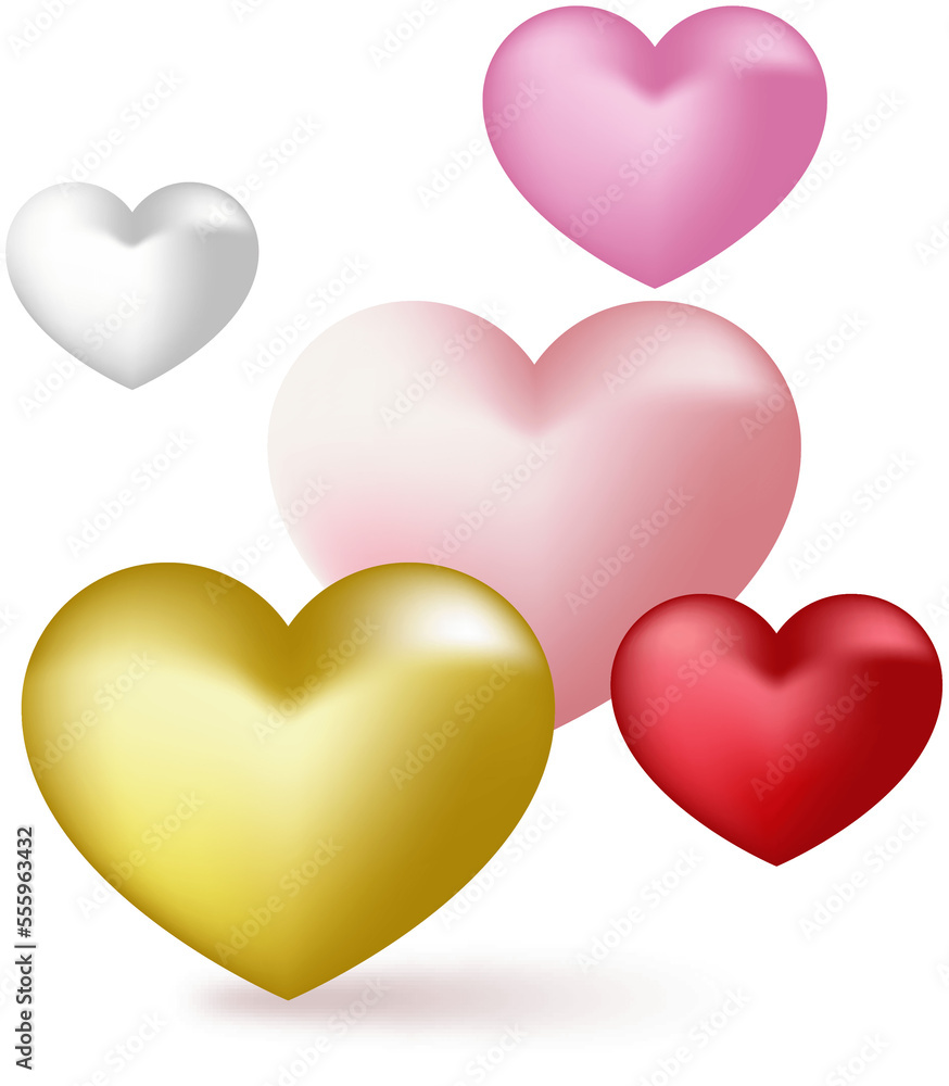 3d realistic vector.  Valentines collection of gold white red and pink hearts.