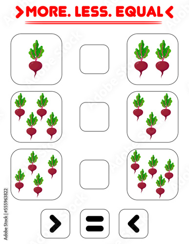Compare the number of beets. Write the sign more , less, equal. Teaching children. Education for kindergarten.
