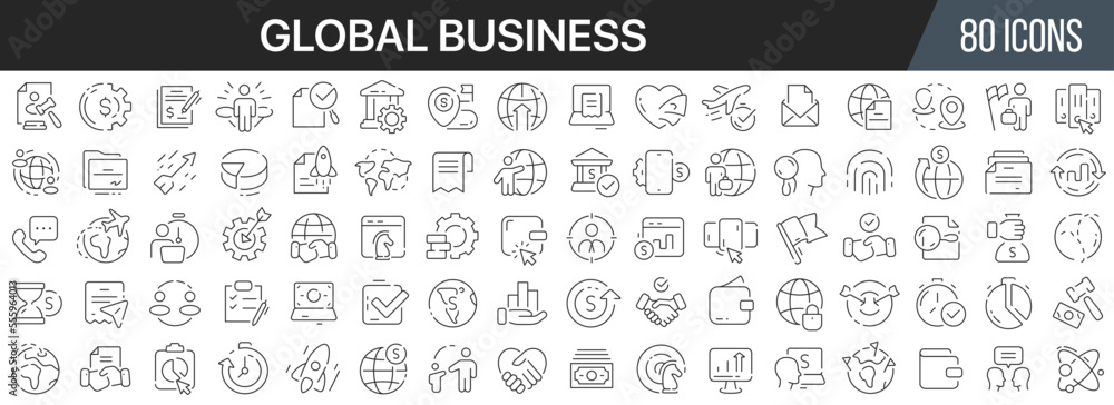 Global business line icons collection. Big UI icon set in a flat design. Thin outline icons pack. Vector illustration EPS10 Global business line icons collection. Big UI icon set in a flat design. Thin outline icons pack. Vector illustration EPS10