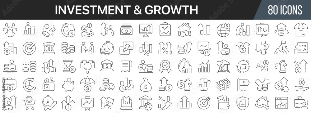 Investment and growth line icons collection. Big UI icon set in a flat design. Thin outline icons pack. Vector illustration EPS10 Investment and growth line icons collection. Big UI icon set in a flat design. Thin outline icons pack. Vector illustration EPS10