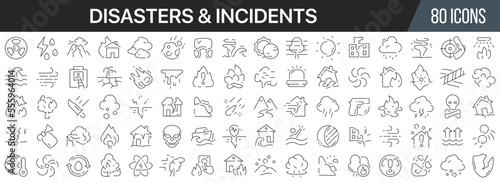 Disasters and incidents line icons collection. Big UI icon set in a flat design. Thin outline icons pack. Vector illustration EPS10