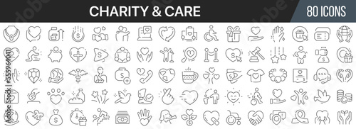 Charity and care line icons collection. Big UI icon set in a flat design. Thin outline icons pack. Vector illustration EPS10
