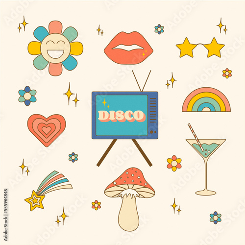Set of stickers in trendy retro psychedelic cartoon style.